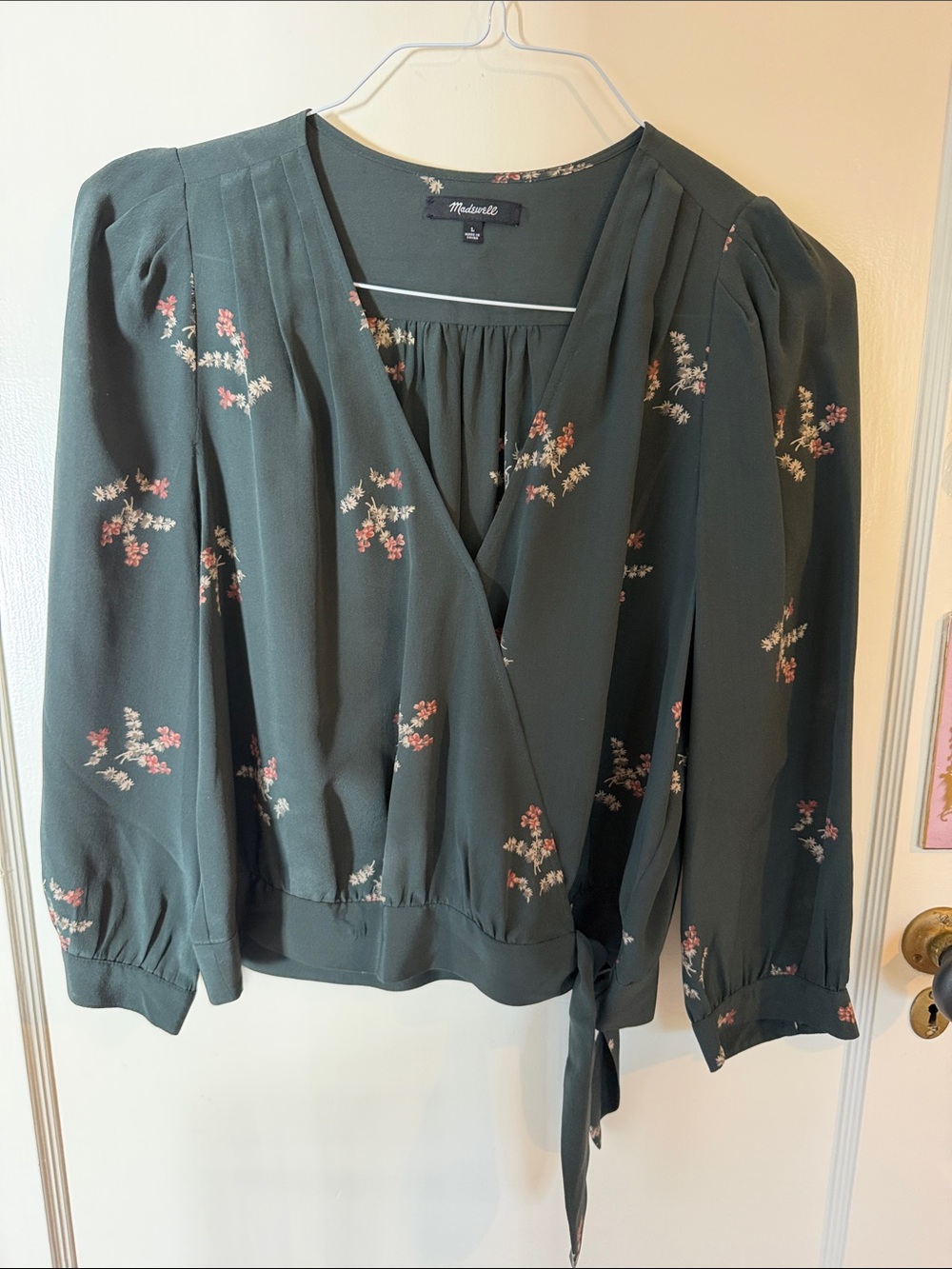 Madewell Dark Green Floral Wrap Silk Blouse